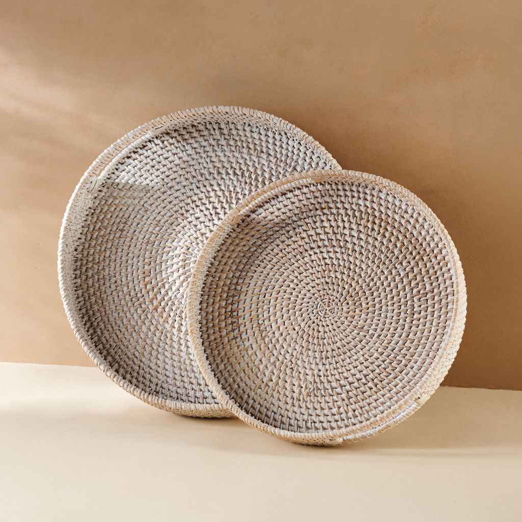 Handwoven Rattan Trays Whitewashed In Multiple Sizes